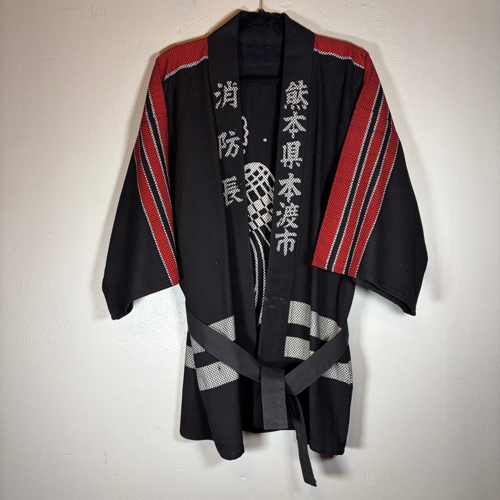 Vintage Japanese Fireman Hanten Jacket Sashiko Kanji Black Red Hondo City Robe‎
